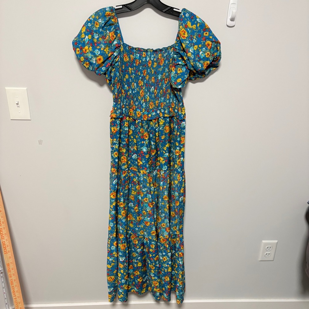 Moon River Floral Smocked Maxi Dress Womens Blue Size XS Puff Sleeve Tiered